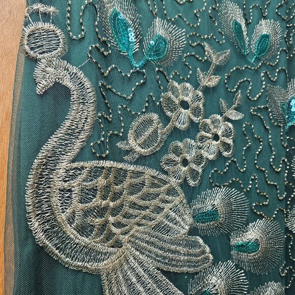 Green beaded Flapper Dress peacock black fringe - Picture 4 of 6